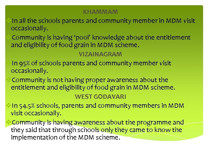 KHAMMAM v. In all the schools parents and community member in MDM visit occasionally.