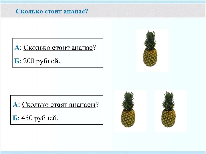 Сколько стоит ананас? А: Сколько стоит ананас? Б: 200 рублей. А: Сколько стоят ананасы?