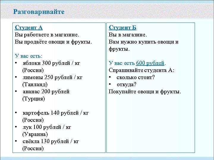 Разговаривайте Студент А Вы работаете в магазине. Вы продаёте овощи и фрукты. У вас