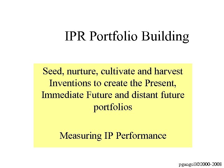 IPR Portfolio Building Seed, nurture, cultivate and harvest Inventions to create the Present, Immediate