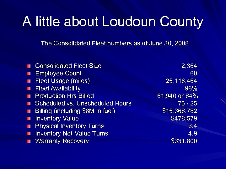 A little about Loudoun County The Consolidated Fleet numbers as of June 30, 2008