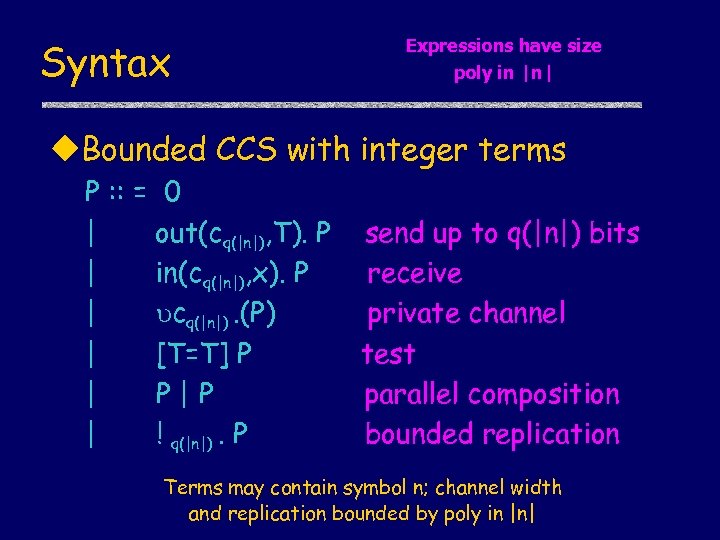 Syntax Expressions have size poly in |n| u. Bounded CCS with integer terms P