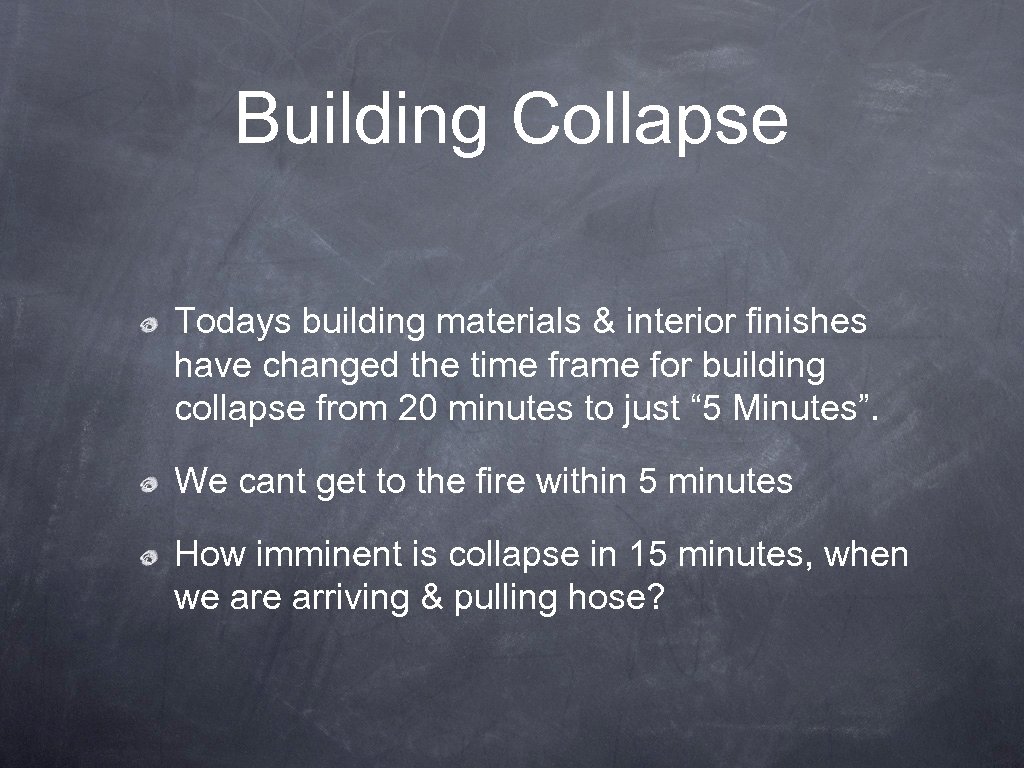 Building Collapse Todays building materials & interior finishes have changed the time frame for