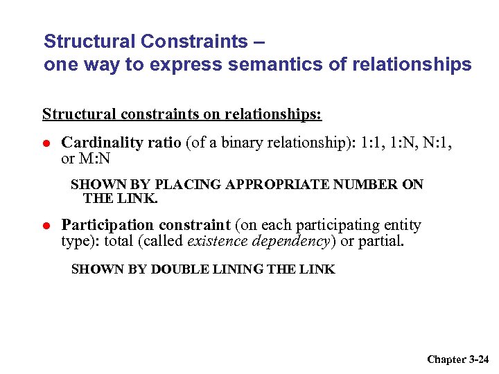 Structural Constraints – one way to express semantics of relationships Structural constraints on relationships: