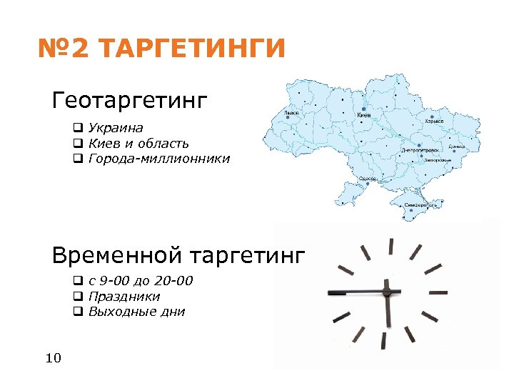 № 2 ТАРГЕТИНГИ Геотаргетинг q Украина q Киев и область q Города-миллионники Временной таргетинг