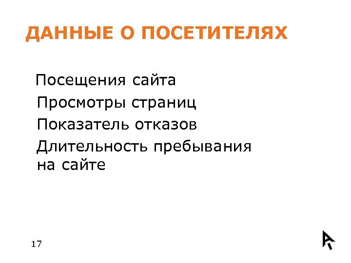 ДАННЫЕ О ПОСЕТИТЕЛЯХ Посещения сайта Просмотры страниц Показатель отказов Длительность пребывания на сайте 17