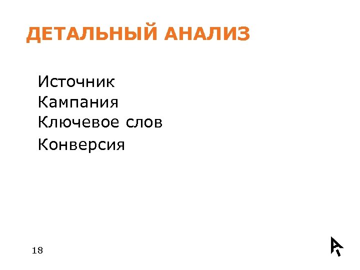 ДЕТАЛЬНЫЙ АНАЛИЗ Источник Кампания Ключевое слов Конверсия 18 