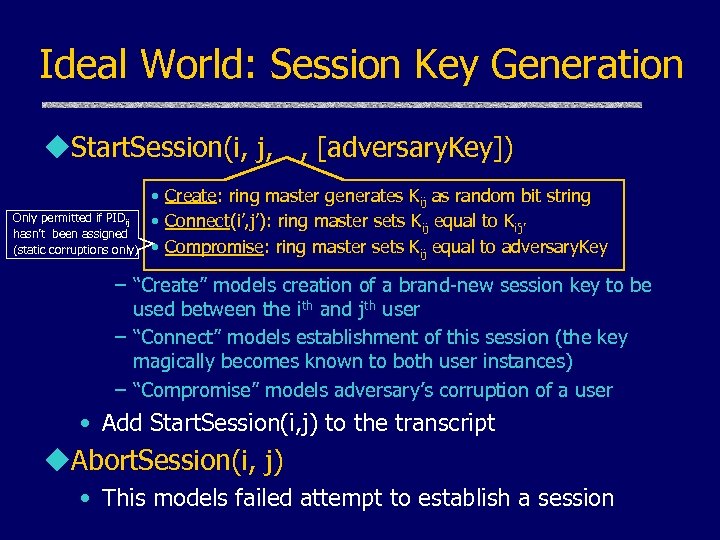 Ideal World: Session Key Generation u. Start. Session(i, j, , [adversary. Key]) Only permitted