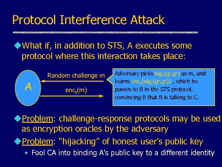 Protocol Interference Attack u. What if, in addition to STS, A executes some protocol