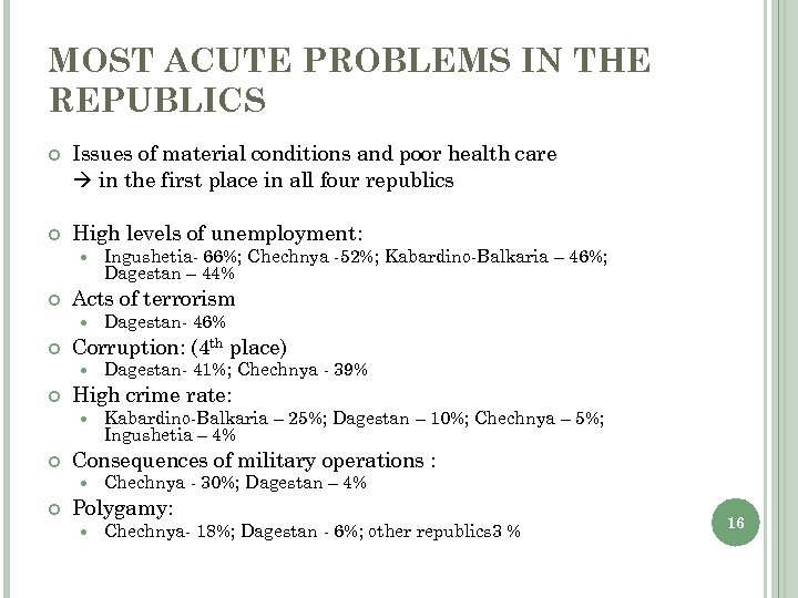 MOST ACUTE PROBLEMS IN THE REPUBLICS Issues of material conditions and poor health care