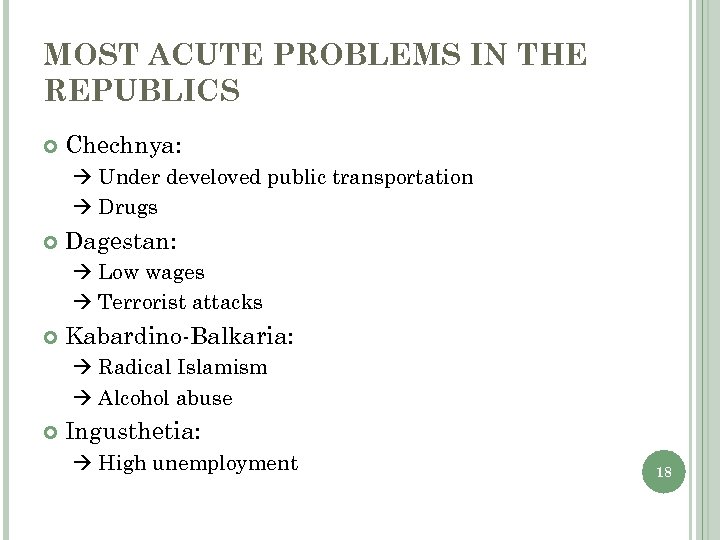MOST ACUTE PROBLEMS IN THE REPUBLICS Chechnya: Under develoved public transportation Drugs Dagestan: Low
