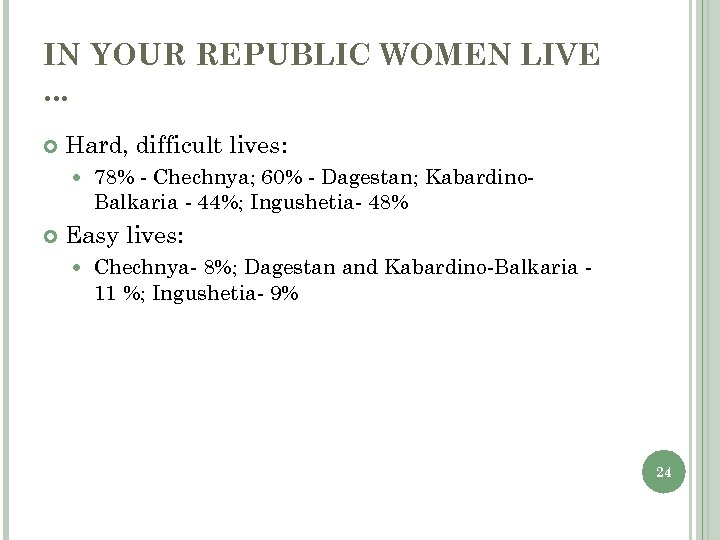 IN YOUR REPUBLIC WOMEN LIVE. . . Hard, difficult lives: 78% - Chechnya; 60%