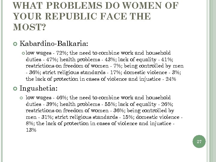 WHAT PROBLEMS DO WOMEN OF YOUR REPUBLIC FACE THE MOST? Kabardino-Balkaria: low wages -
