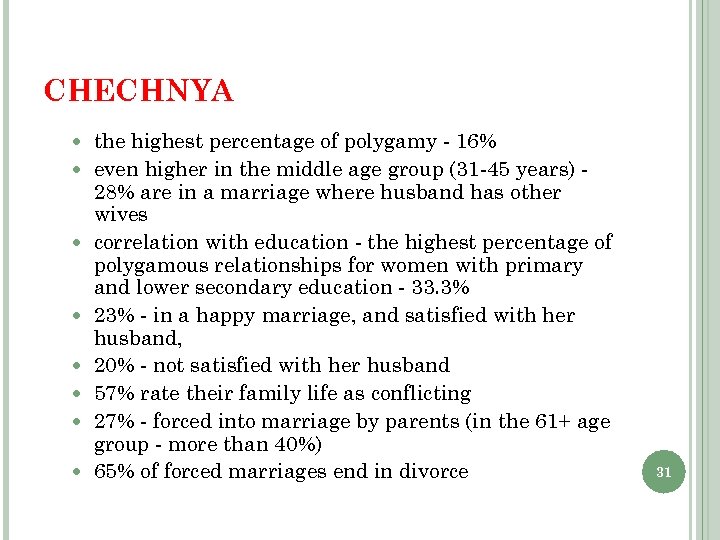 CHECHNYA the highest percentage of polygamy - 16% even higher in the middle age