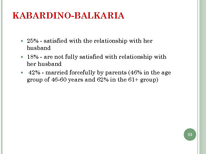 KABARDINO-BALKARIA 25% - satisfied with the relationship with her husband 18% - are not