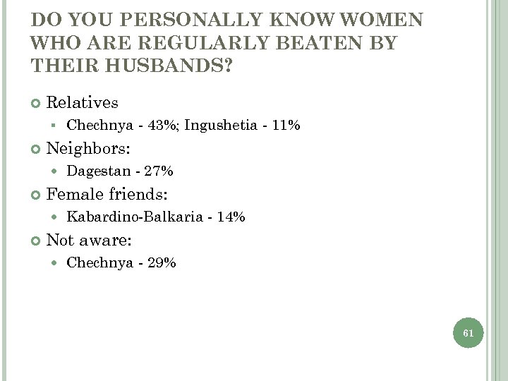 DO YOU PERSONALLY KNOW WOMEN WHO ARE REGULARLY BEATEN BY THEIR HUSBANDS? Relatives §