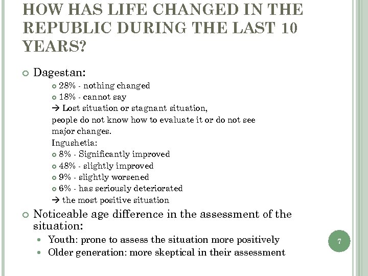 HOW HAS LIFE CHANGED IN THE REPUBLIC DURING THE LAST 10 YEARS? Dagestan: 28%