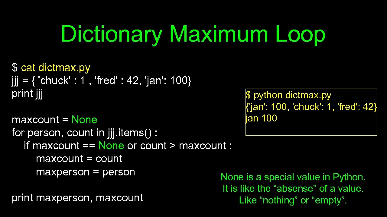 Dictionary Maximum Loop $ cat dictmax. py jjj = { 'chuck' : 1 ,