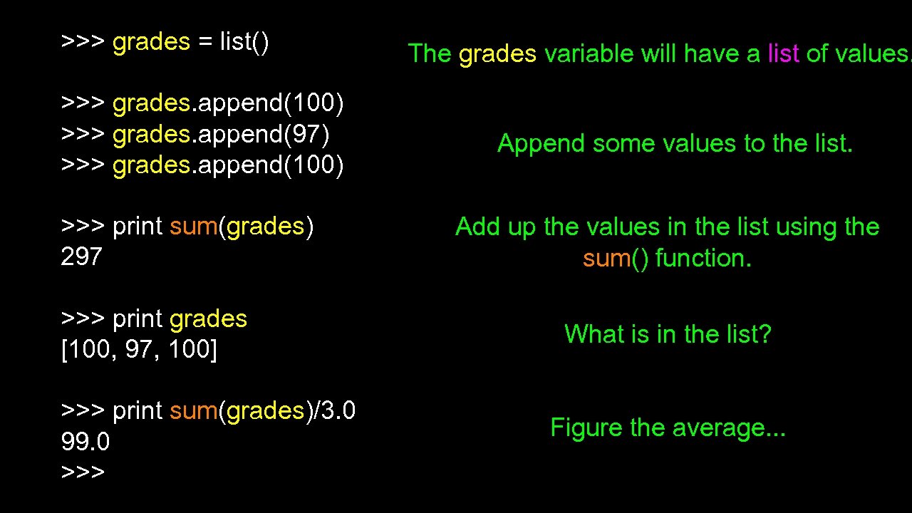 >>> grades = list() >>> grades. append(100) >>> grades. append(97) >>> grades. append(100) >>>