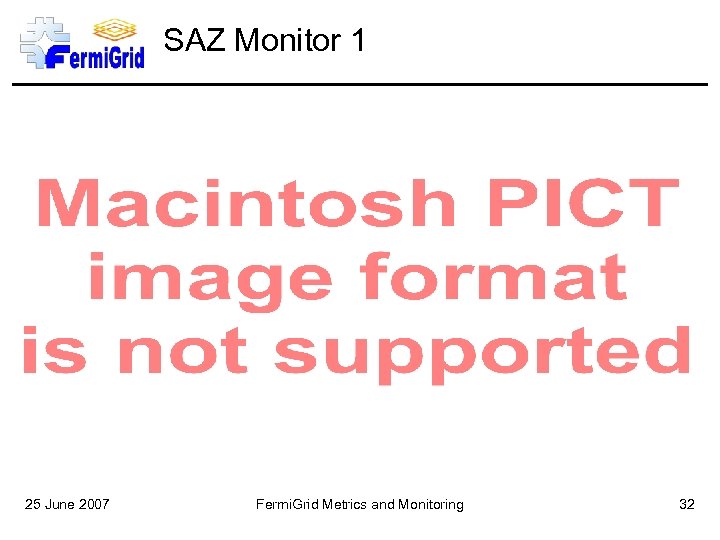 SAZ Monitor 1 25 June 2007 Fermi. Grid Metrics and Monitoring 32 