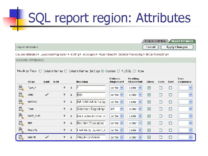 SQL report region: Attributes 