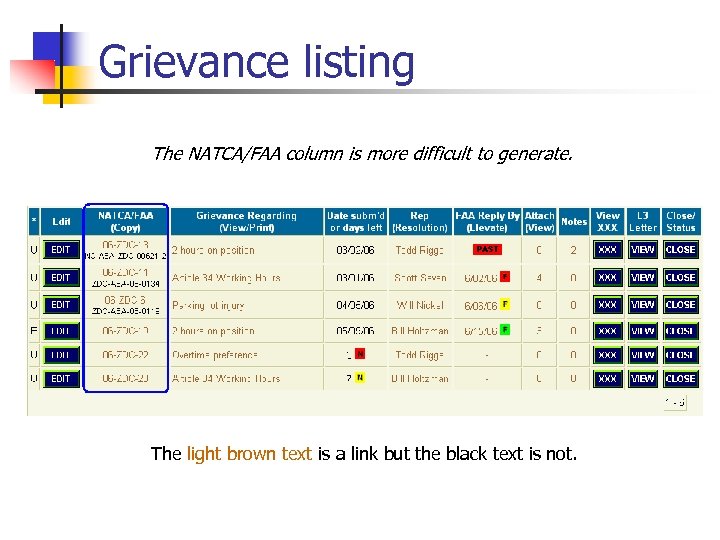 Grievance listing The NATCA/FAA column is more difficult to generate. The light brown text