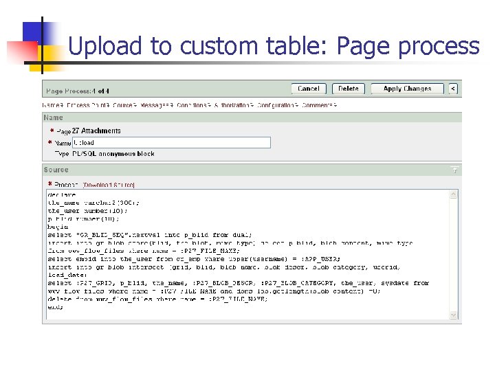 Upload to custom table: Page process 
