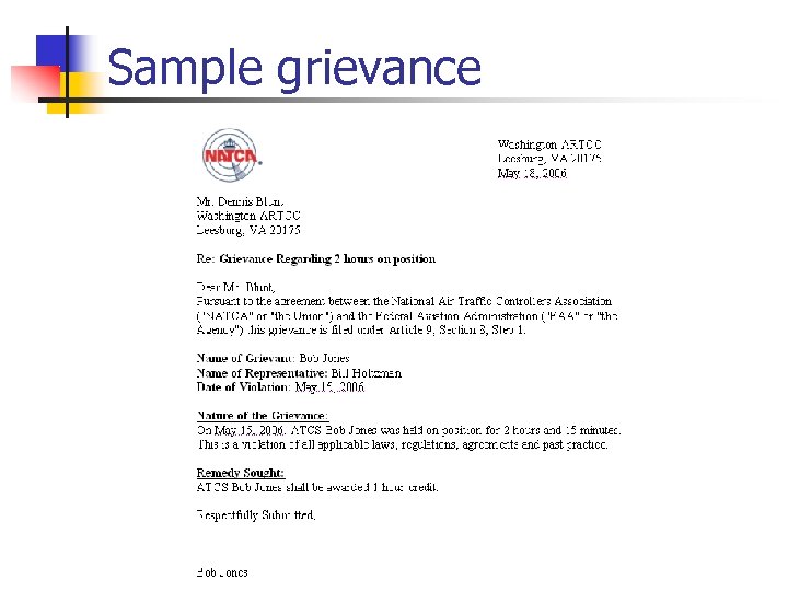 Sample grievance 