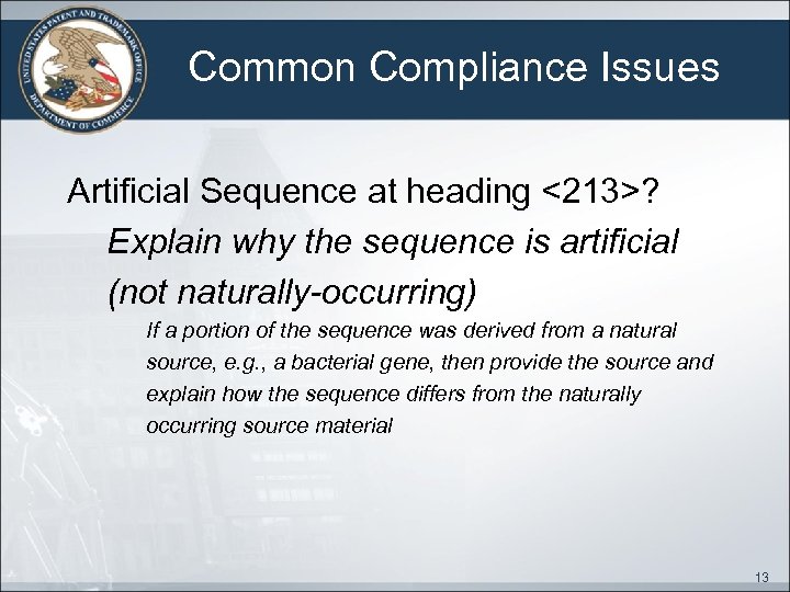 Common Compliance Issues Artificial Sequence at heading <213>? Explain why the sequence is artificial