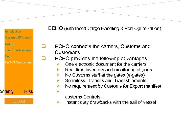 ECHO (Enhanced Cargo Handling & Port Optimization) Introduction Customs Efficiency Reform Pa. CCS Advantage