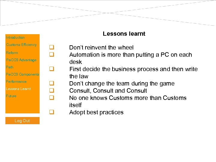 Lessons learnt Introduction Customs Efficiency Reform Pa. CCS Advantage Path Pa. CCS Components Performance