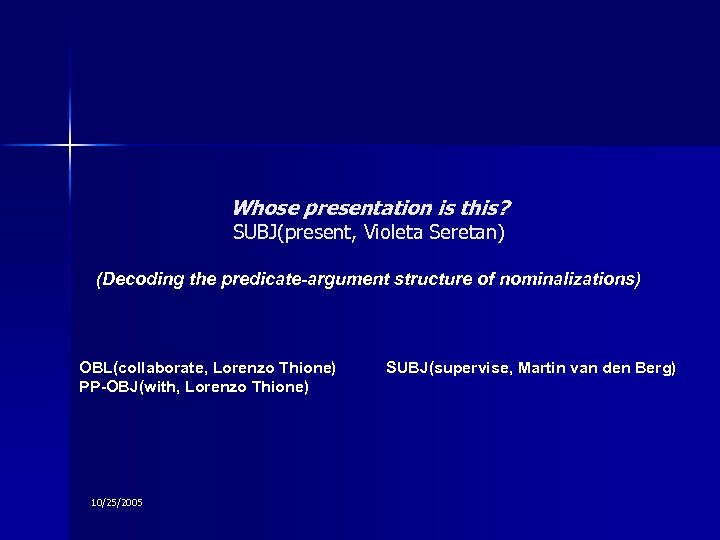 Whose presentation is this? SUBJ(present, Violeta Seretan) (Decoding the predicate-argument structure of nominalizations) OBL(collaborate,