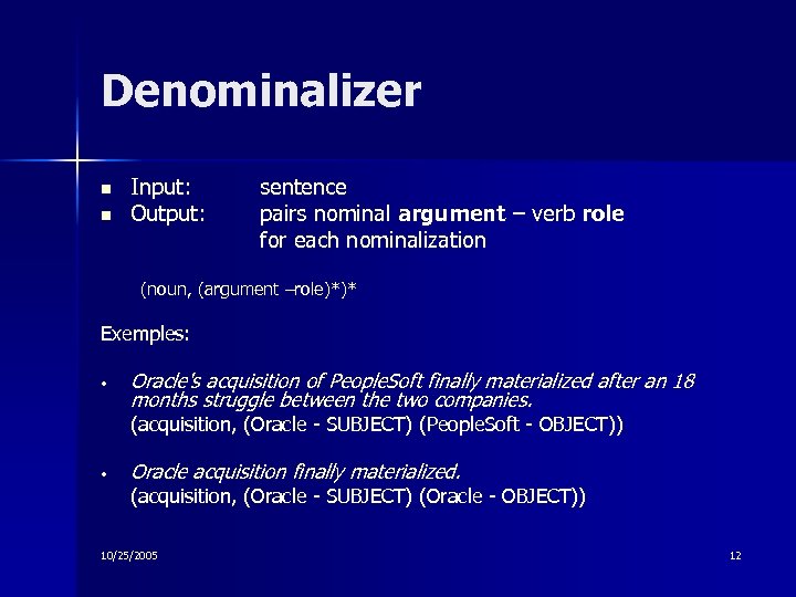 Denominalizer n n Input: Output: sentence pairs nominal argument – verb role for each