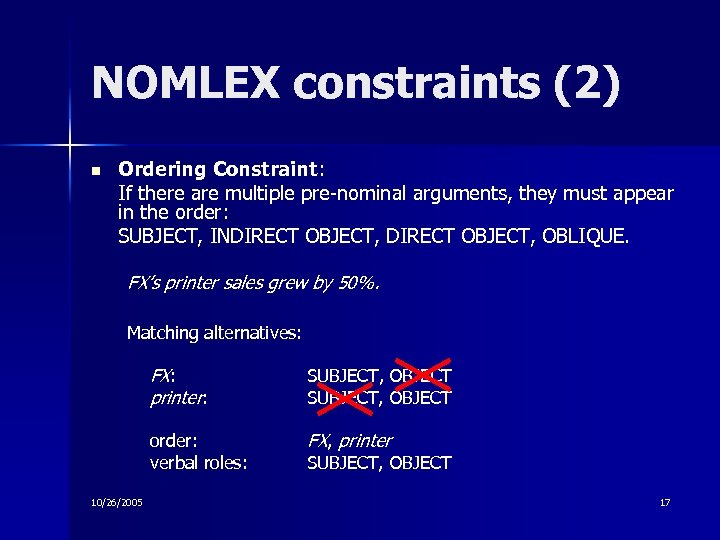 NOMLEX constraints (2) n Ordering Constraint: If there are multiple pre-nominal arguments, they must