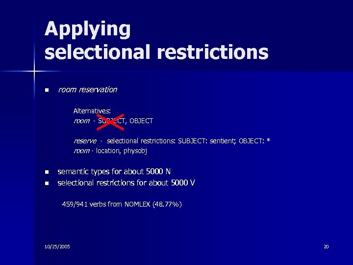 Applying selectional restrictions n room reservation Alternatives: room - SUBJECT, OBJECT reserve - selectional