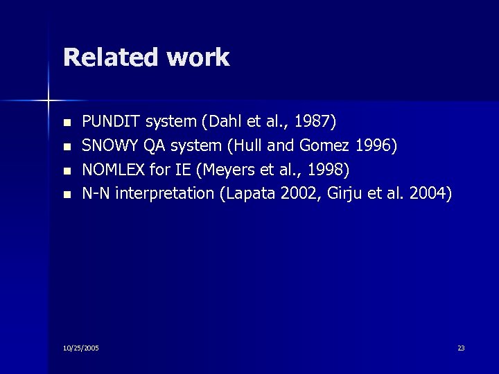 Related work n n PUNDIT system (Dahl et al. , 1987) SNOWY QA system