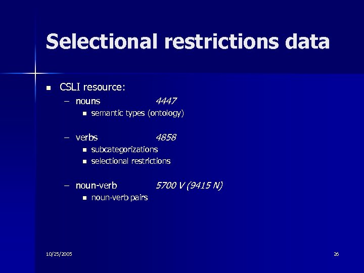 Selectional restrictions data n CSLI resource: – nouns n semantic types (ontology) – verbs