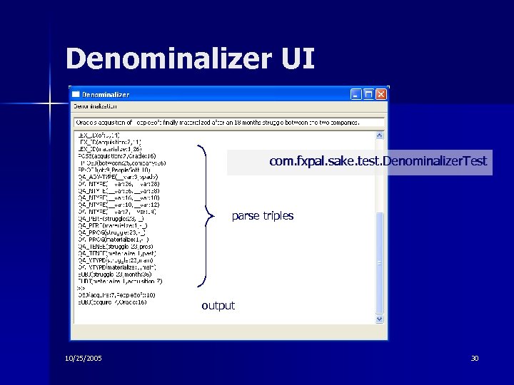 Denominalizer UI com. fxpal. sake. test. Denominalizer. Test parse triples output 10/25/2005 30 