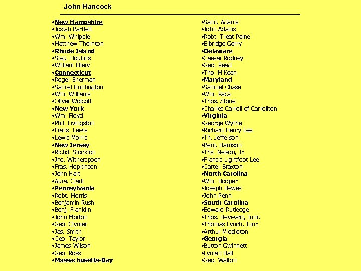 John Hancock • New Hampshire • Josiah Bartlett • Wm. Whipple • Matthew Thornton