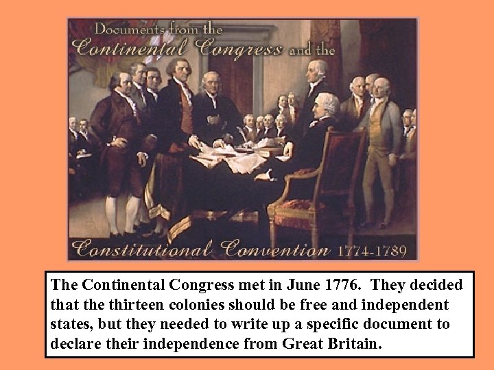 The Continental Congress met in June 1776. They decided that the thirteen colonies should