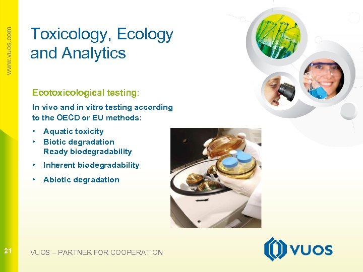 Toxicology, Ecology and Analytics Ecotoxicological testing: In vivo and in vitro testing according to
