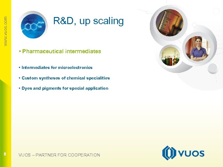R&D, up scaling • Pharmaceutical intermediates • Intermediates for microelectronics • Custom syntheses of