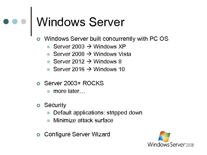 Windows Server ¢ Windows Server built concurrently with PC OS l Server 2003 Windows