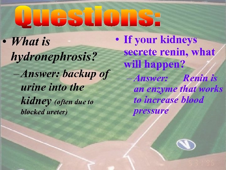  • What is hydronephrosis? – Answer: backup of urine into the kidney (often