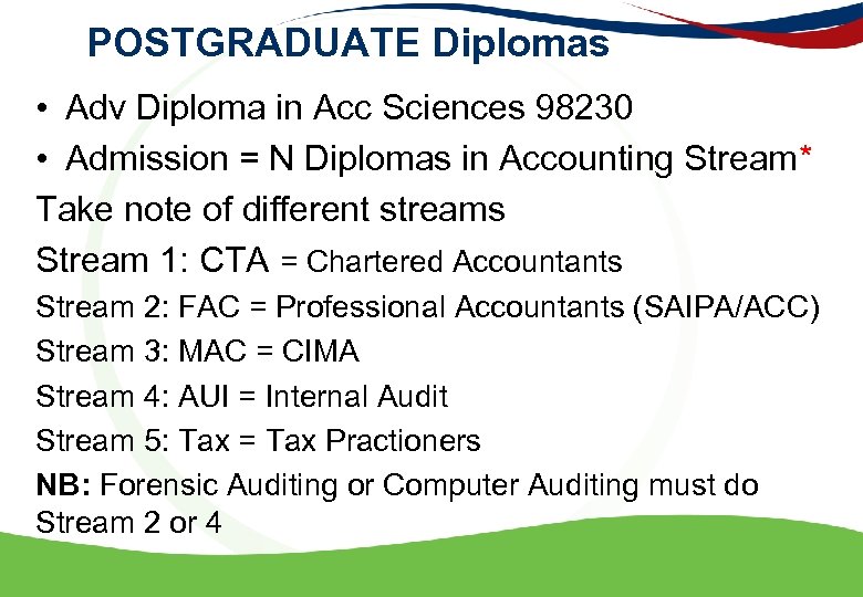 POSTGRADUATE Diplomas • Adv Diploma in Acc Sciences 98230 • Admission = N Diplomas