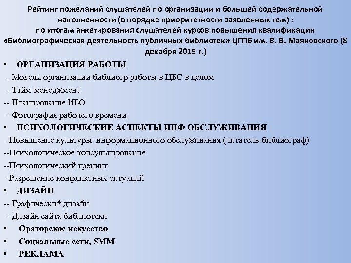 Рейтинг пожеланий слушателей по организации и большей содержательной наполненности (в порядке приоритетности заявленных тем)