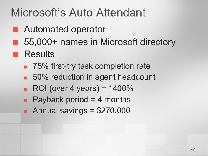 Microsoft’s Auto Attendant ¢ ¢ ¢ Automated operator 55, 000+ names in Microsoft directory