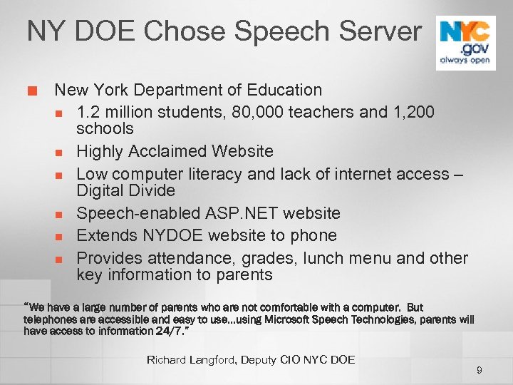 NY DOE Chose Speech Server ¢ New York Department of Education n 1. 2