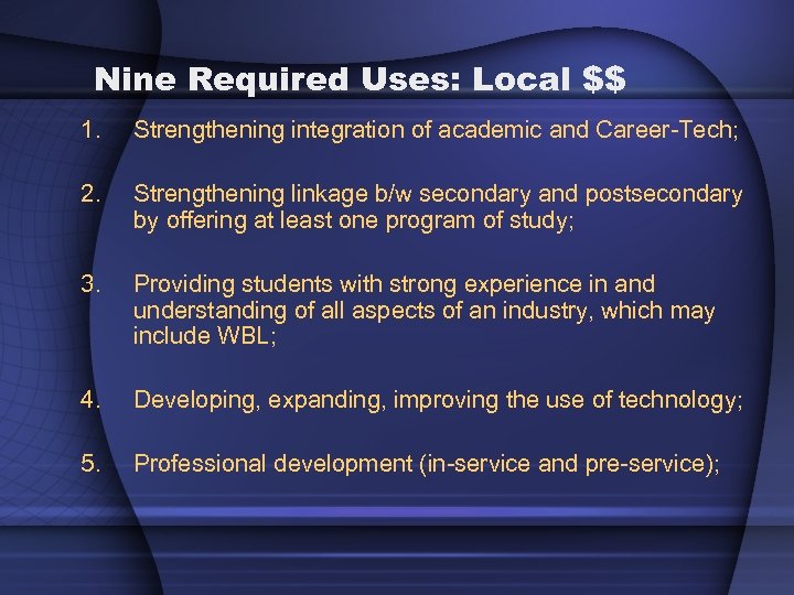 Nine Required Uses: Local $$ 1. Strengthening integration of academic and Career-Tech; 2. Strengthening