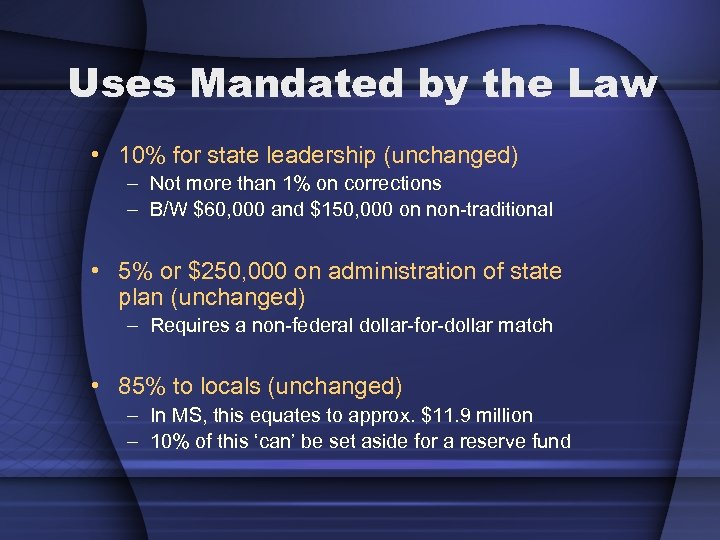 Uses Mandated by the Law • 10% for state leadership (unchanged) – Not more